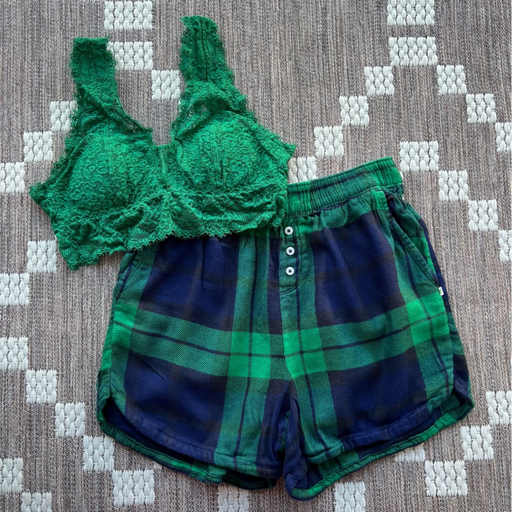 Aerie Small Green and Blue Plaid Pajama Shorts & Lace Bralette